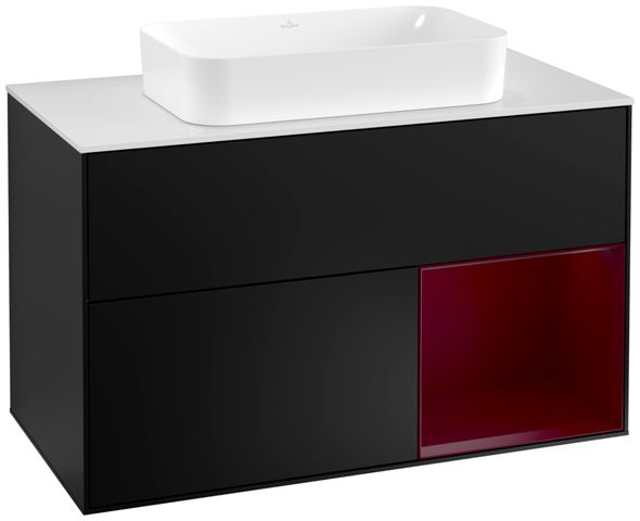 V&B Waschtisch-Unterschrank Abdeckplatte white matt Finion 100x60,3cm, Regal rechts Peony, Black matt lacquer