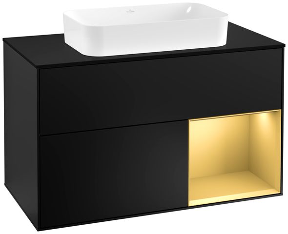 V&B Waschtisch-Unterschrank Abdeckplatte black matt Finion 100x60,3cm, Regal rechts Gold matt, Black matt lacquer