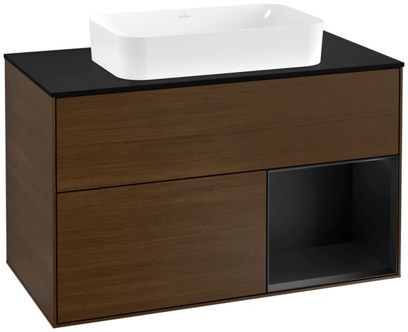 V&B Waschtisch-Unterschrank Abdeckplatte black matt Finion 100x60,3cm, Regal rechts Black matt lacquer, Walnut veneer