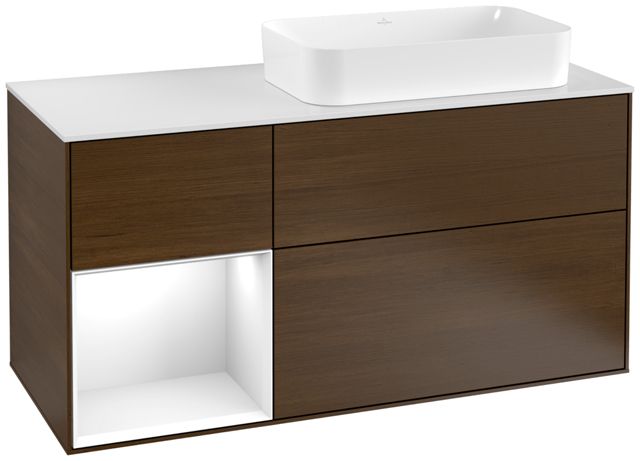 V&B Waschtisch-Unterschrank Finion 120cm, Abdeckplatte white matt, Regal links Glossy white lacquer, Walnut veneer