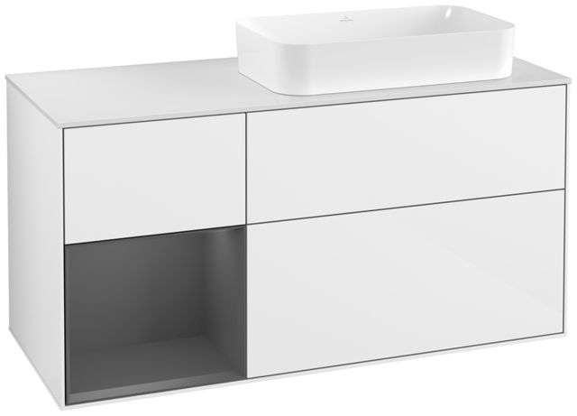 V&B Waschtisch-Unterschrank Finion 120cm, Abdeckplatte white matt, Regal links Anthracite matt, Glossy white lacquer