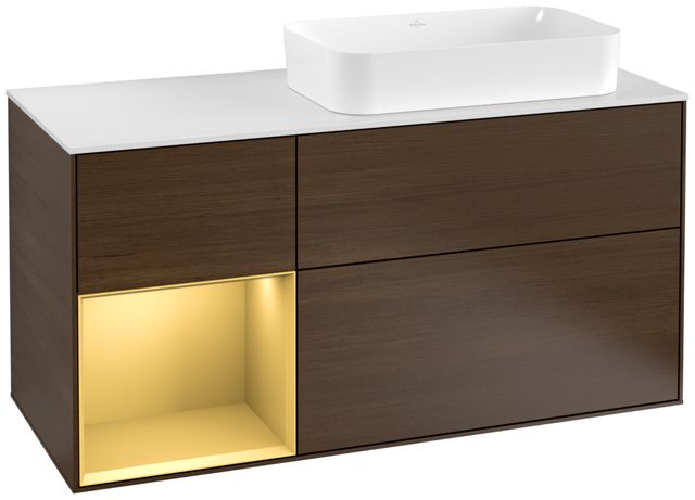 V&B Waschtisch-Unterschrank Finion 120cm, Abdeckplatte white matt, Regal links Gold matt, Walnut veneer