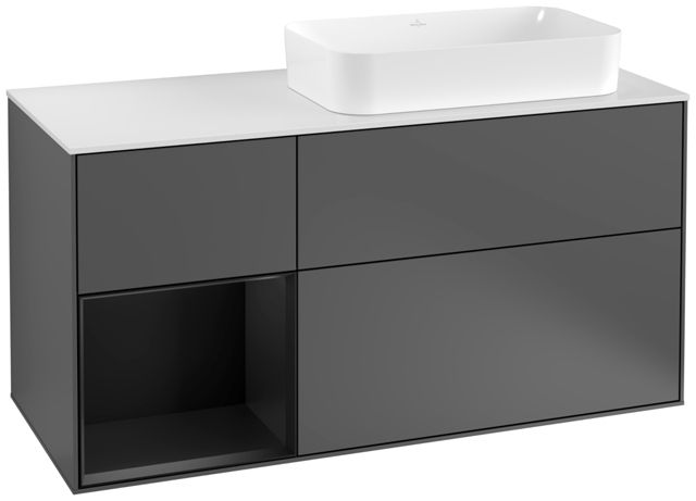 V&B Waschtisch-Unterschrank Finion 120cm, Abdeckplatte white matt, Regal links Black matt lacquer, Anthracite matt