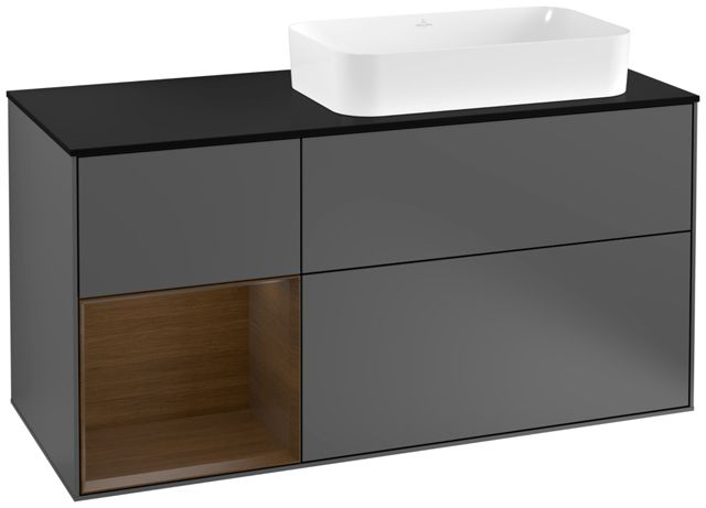 V&B Waschtisch-Unterschrank Finion 120cm, Abdeckplatte black matt, Regal links Walnut veneer, Anthracite matt