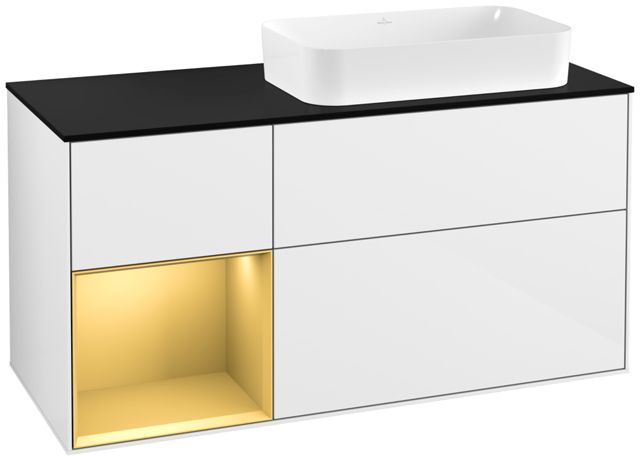 V&B Waschtisch-Unterschrank Finion 120cm, Abdeckplatte black matt, Regal links Gold matt, Glossy white lacquer