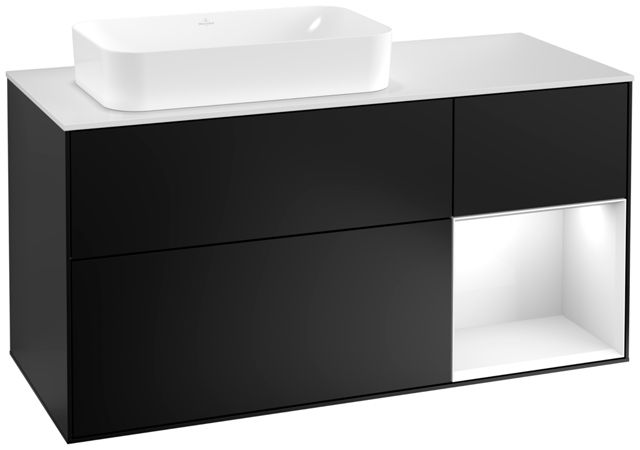 V&B Waschtisch-Unterschrank Finion 120cm, Abdeckplatte white matt, Regal rechts Glossy white lacquer, Black matt lacquer