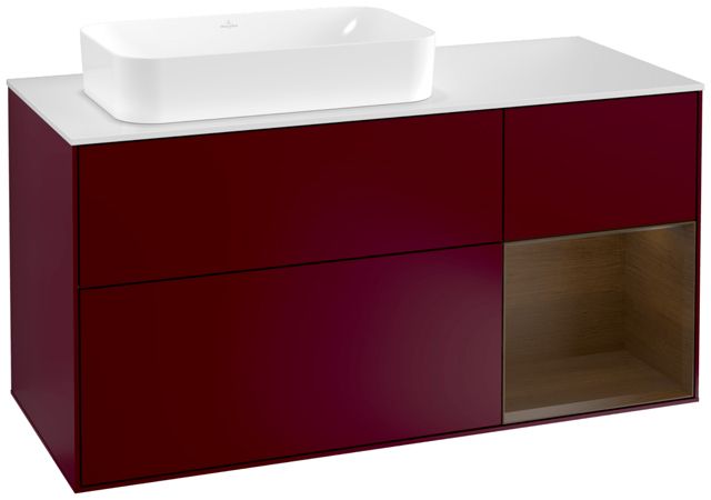 V&B Waschtisch-Unterschrank Finion 120cm, Abdeckplatte white matt, Regal rechts Walnut veneer, Peony Matt