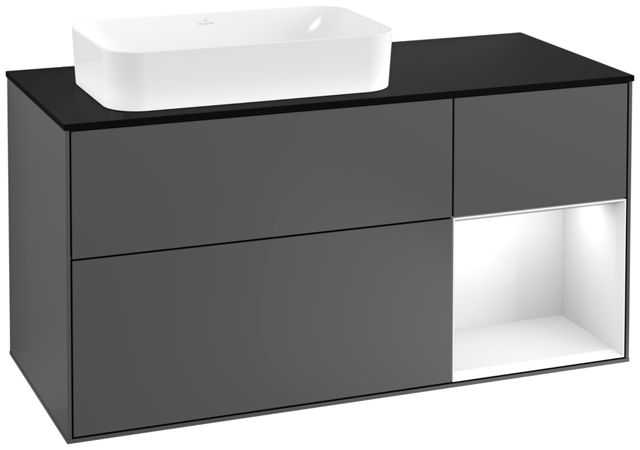 V&B Waschtisch-Unterschrank Finion 120cm, Abdeckplatte black matt, Regal rechts Glossy white lacquer, Anthracite matt