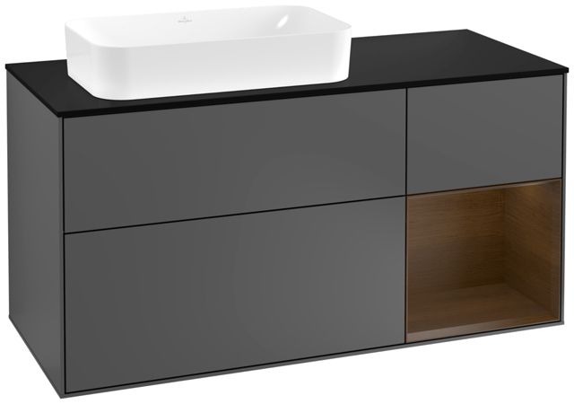 V&B Waschtisch-Unterschrank Finion 120cm, Abdeckplatte black matt, Regal rechts Walnut veneer, Anthracite matt