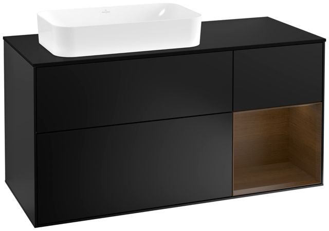 V&B Waschtisch-Unterschrank Finion 120cm, Abdeckplatte black matt, Regal rechts Walnut veneer, Black matt lacquer