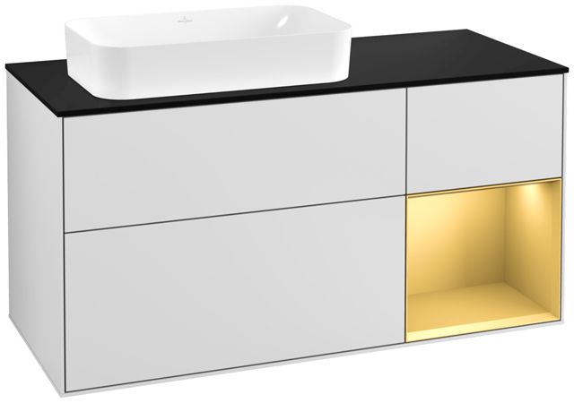 V&B Waschtisch-Unterschrank Finion 120cm, Abdeckplatte black matt, Regal rechts Gold matt, White matt lacquer