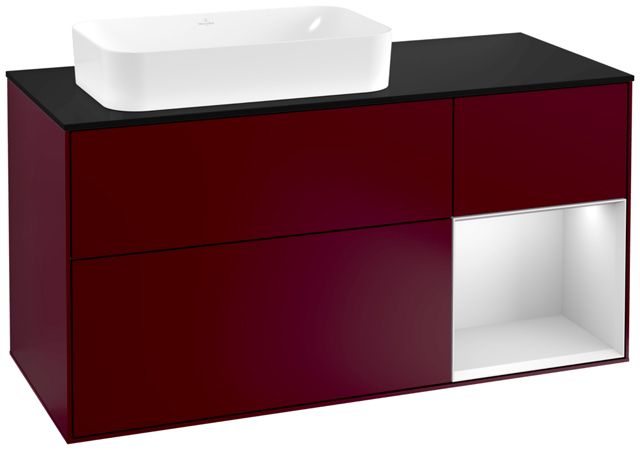 V&B Waschtisch-Unterschrank Finion 120cm, Abdeckplatte black matt, Regal rechts White matt lacquer, Peony Matt