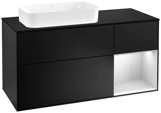 V&B Waschtisch-Unterschrank Finion 120cm, Abdeckplatte black matt, Regal rechts White matt lacquer, Black matt lacquer