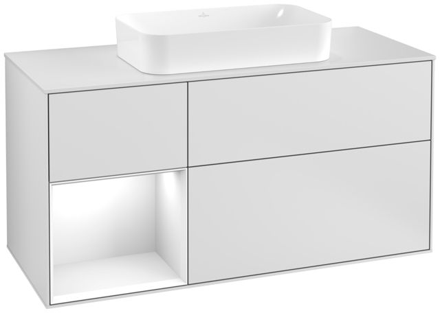 V&B Waschtisch-Unterschrank Finion 120cm, Abdeckplatte white matt, Regal links Glossy white lacquer, White matt lacquer