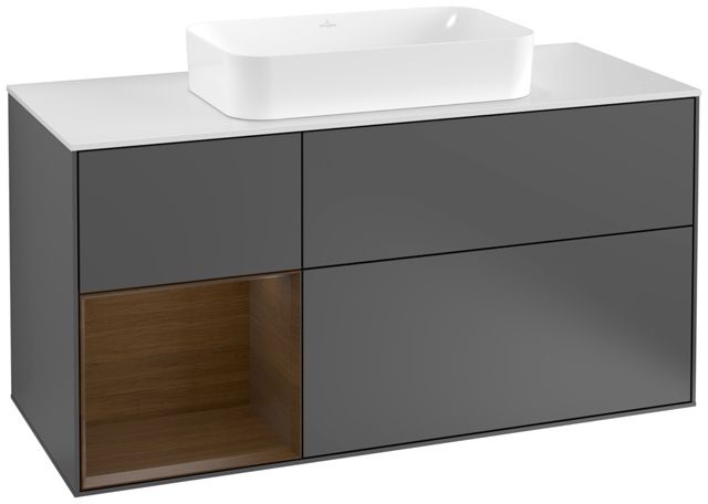 V&B Waschtisch-Unterschrank Finion 120cm, Abdeckplatte white matt, Regal links Walnut veneer, Anthracite matt