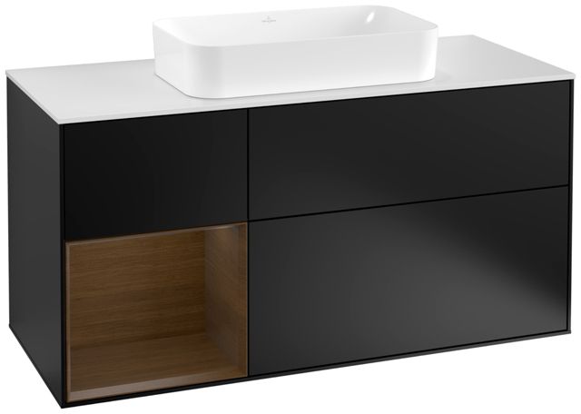 V&B Waschtisch-Unterschrank Finion 120cm, Abdeckplatte white matt, Regal links Walnut veneer, Black matt lacquer