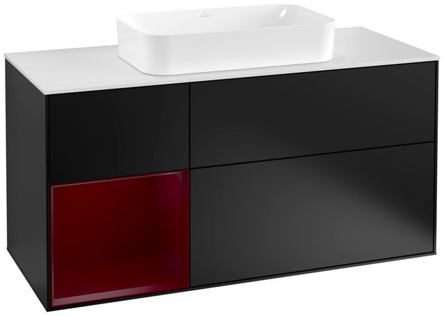 V&B Waschtisch-Unterschrank Finion 120cm, Abdeckplatte white matt, Regal links Peony, Black matt lacquer