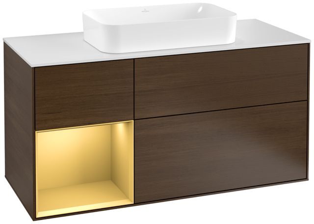V&B Waschtisch-Unterschrank Finion 120cm, Abdeckplatte white matt, Regal links Gold matt, Walnut veneer