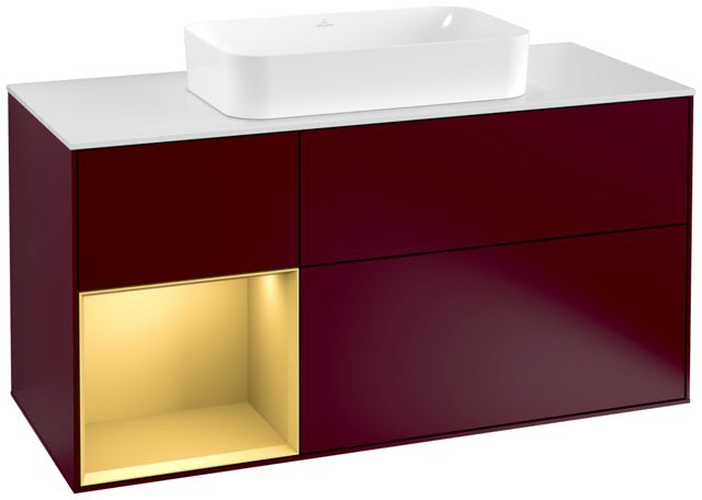 V&B Waschtisch-Unterschrank Finion 120cm, Abdeckplatte white matt, Regal links Gold matt, Peony Matt