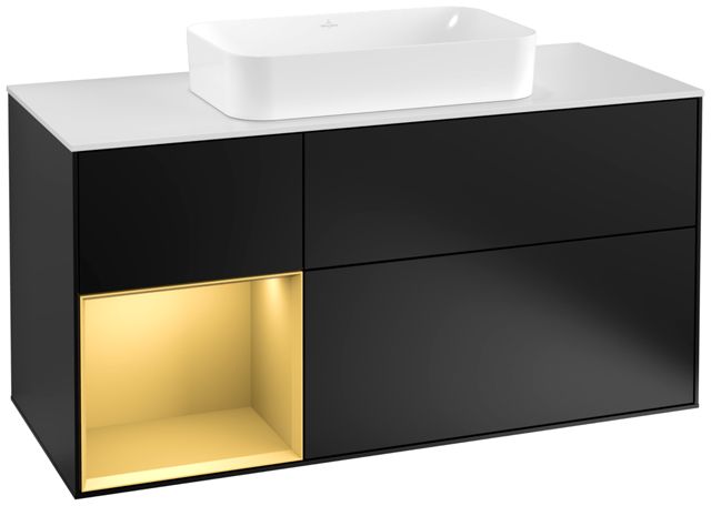 V&B Waschtisch-Unterschrank Finion 120cm, Abdeckplatte white matt, Regal links Gold matt, Black matt lacquer