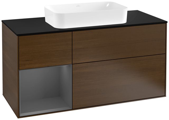 V&B Waschtisch-Unterschrank Finion 120cm, Abdeckplatte black matt, Regal links Anthracite matt, Walnut veneer