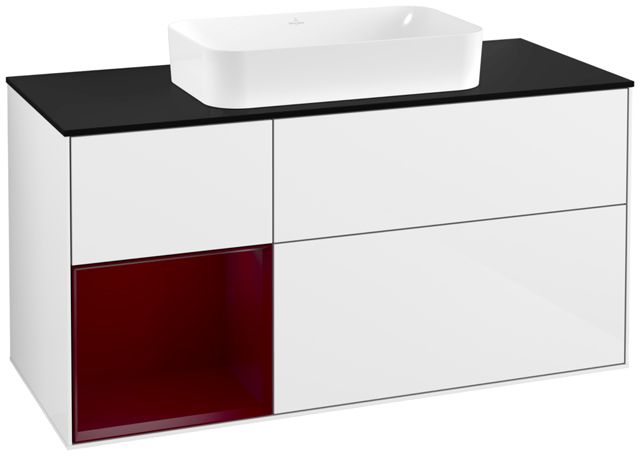 V&B Waschtisch-Unterschrank Finion 120cm, Abdeckplatte black matt, Regal links Peony, Glossy white lacquer