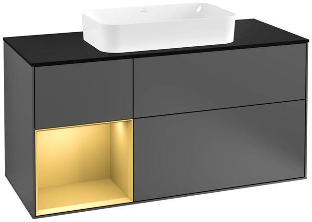 V&B Waschtisch-Unterschrank Finion 120cm, Abdeckplatte black matt, Regal links Gold matt, Anthracite matt