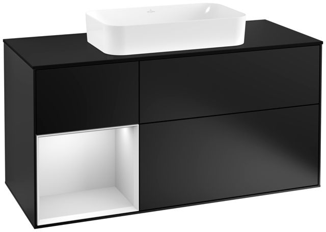 V&B Waschtisch-Unterschrank Finion 120cm, Abdeckplatte black matt, Regal links White matt lacquer, Black matt lacquer
