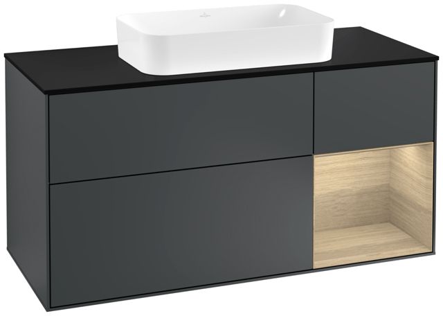 V&B Waschtisch-Unterschrank Finion 120cm, Abdeckplatte black matt, Regal rechts Oak Veneer, Midnight Blue Matt Lacquer