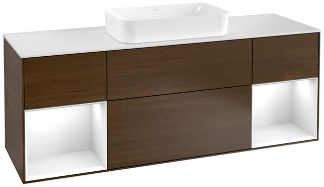 V&B Waschtisch-Unterschrank Abdeckplatte white matt Finion 160x60,3cm, Regal Glossy white lacquer, Walnut veneer