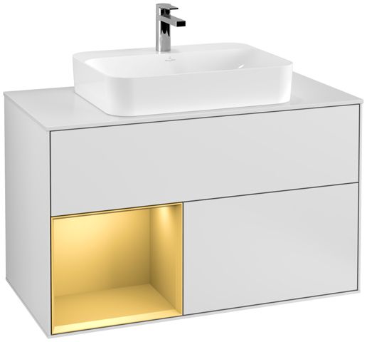 V&B Waschtisch-Unterschrank Finion 100cm, Abdeckplatte white matt, Regal links Gold matt, White matt lacquer