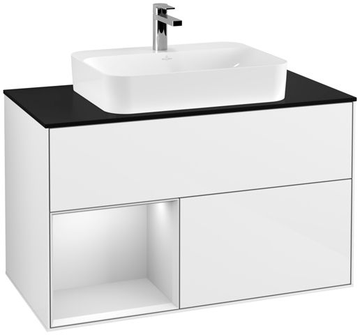 V&B Waschtisch-Unterschrank Finion 100cm, Abdeckplatte black matt, Regal links White matt lacquer, Glossy white lacquer