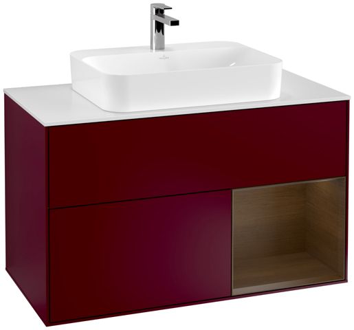 V&B Waschtisch-Unterschrank Finion 100cm, Abdeckplatte white matt, Regal rechts Walnut veneer, Peony Matt