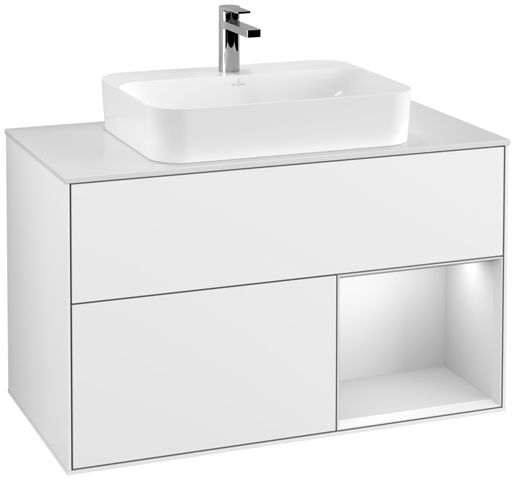 V&B Waschtisch-Unterschrank Finion 100cm, Abdeckplatte white matt, Regal rechts White matt lacquer, Glossy white lacquer