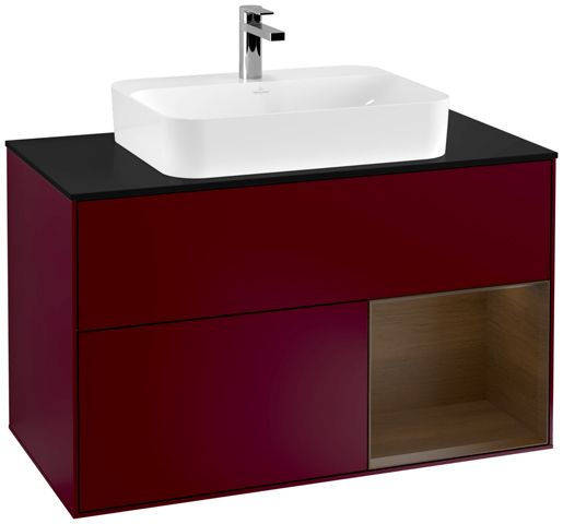V&B Waschtisch-Unterschrank Finion 100cm, Abdeckplatte black matt, Regal rechts Walnut veneer, Peony Matt