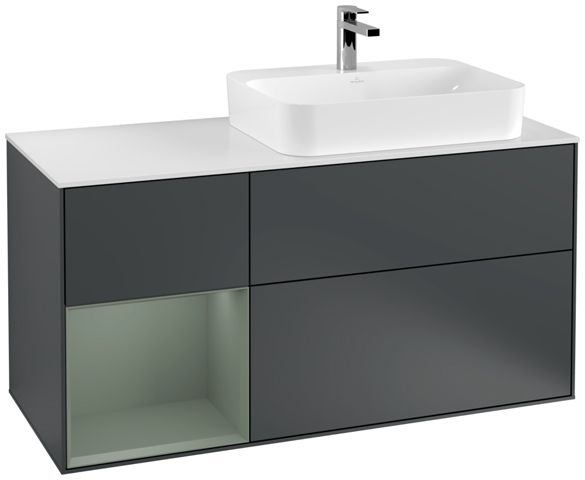 V&B Waschtisch-Unterschrank Finion 120cm, Abdeckplatte white matt, Regal links Olive Matt Lacquer, Midnight Blue Matt Lacquer