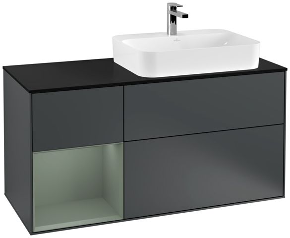 V&B Waschtisch-Unterschrank Finion 120cm, Abdeckplatte black matt, Regal links Olive Matt Lacquer, Midnight Blue Matt Lacquer