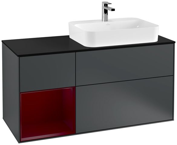 V&B Waschtisch-Unterschrank Finion 120cm, Abdeckplatte black matt, Regal links Peony, Midnight Blue Matt Lacquer