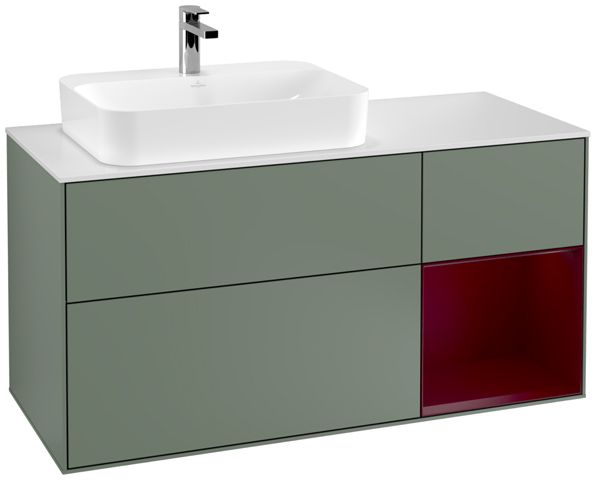V&B Waschtisch-Unterschrank Finion 120cm, Abdeckplatte white matt, Regal rechts Peony, Olive Matt Lacquer