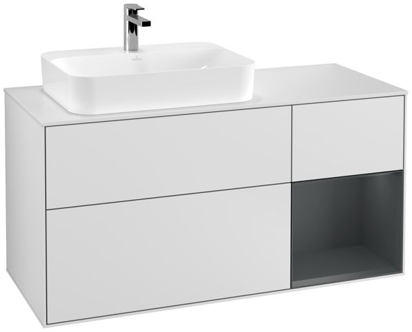 V&B Waschtisch-Unterschrank Finion 120cm, Abdeckplatte white matt, Regal rechts Midnight Blue Matt Lacquer, White matt lacquer