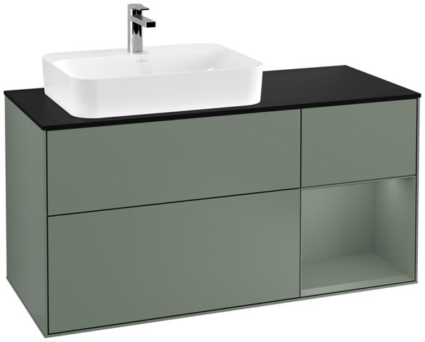 V&B Waschtisch-Unterschrank Finion 120cm, Abdeckplatte black matt, Regal rechts Olive Matt Lacquer, Olive Matt Lacquer