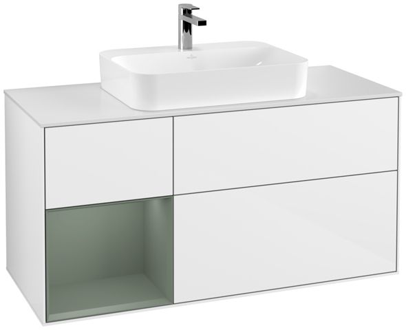V&B Waschtisch-Unterschrank Finion 120cm, Abdeckplatte white matt, Regal links Olive Matt Lacquer, Glossy white lacquer