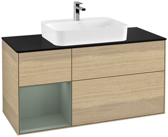 V&B Waschtisch-Unterschrank Finion 120cm, Abdeckplatte black matt, Regal links Olive Matt Lacquer, Oak Veneer