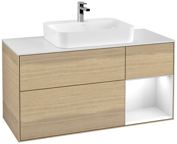 V&B Waschtisch-Unterschrank Finion 120cm, Abdeckplatte white matt, Regal rechts Glossy white lacquer, Oak Veneer