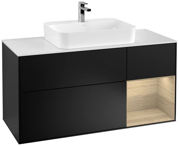 V&B Waschtisch-Unterschrank Finion 120cm, Abdeckplatte white matt, Regal rechts Oak Veneer, Black matt lacquer