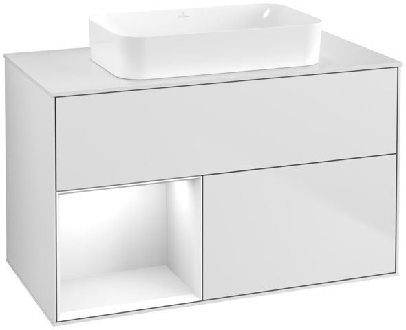 V&B Waschtisch-Unterschrank Finion 100x60,3x50,1cm, Regal links Glossy white lacquer, White matt lacquer