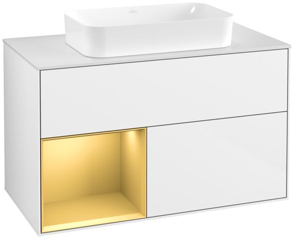V&B Waschtisch-Unterschrank Finion 100x60,3x50,1cm, Regal links Gold matt, Glossy white lacquer