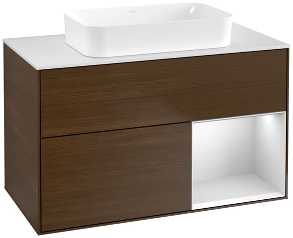 V&B Waschtisch-Unterschrank Finion 100x60,3x50,1cm, Regal rechts White matt lacquer, Walnut veneer