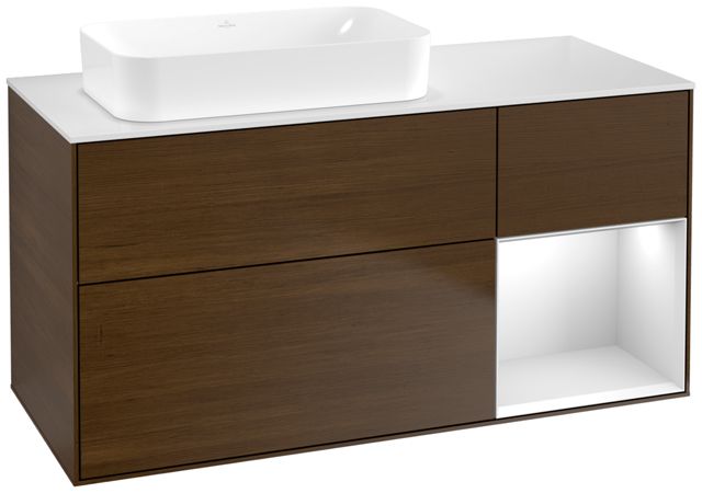 V&B Waschtisch-Unterschrank Finion 120x60,3x50,1cm, Regal rechts White matt lacquer, Walnut veneer