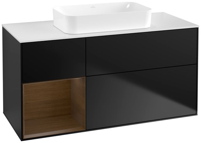 V&B Waschtisch-Unterschrank Finion 120x60,3x50,1cm, Regal links Walnut veneer, Black matt lacquer